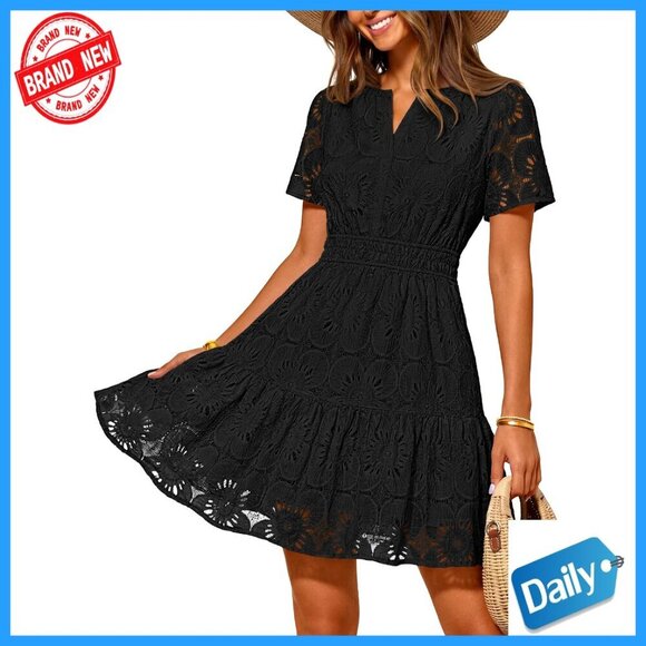 Dresses & Skirts - Lace Eyelet Mini Dress with Puff Sleeves and Side Pockets
